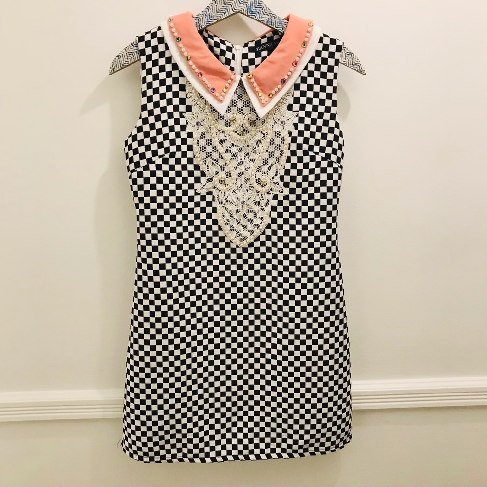 Zannza Couture Shift Dress Small checkered black white lace pearls rhinestone